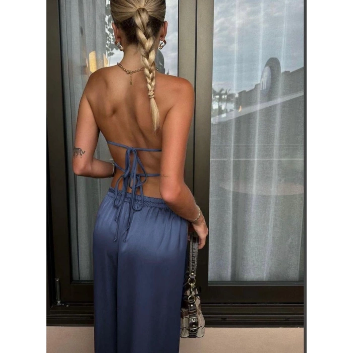 Kadın Likralı Saten Kumaş Straplez Bağlamalı Ikili Takım