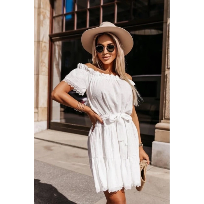 Kadın Madonna Yaka Pütür Detay Pamuklu Mini Elbise