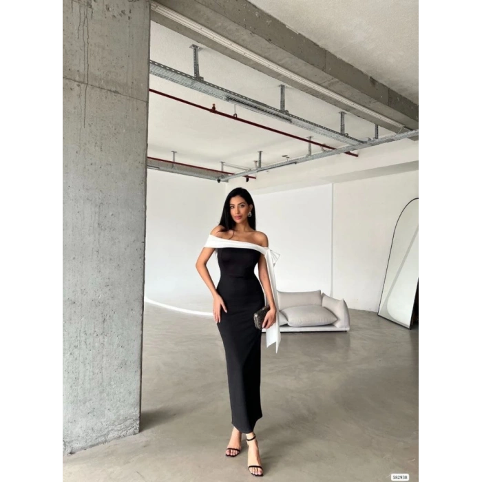 Kadın Madonna Yaka Skuba Krep Kumaş Kurdale Detay Elbise