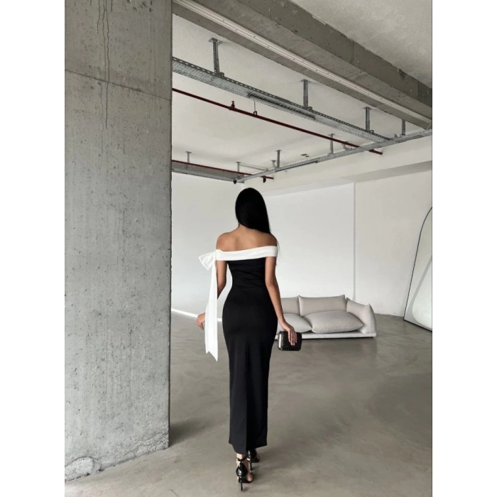 Kadın Madonna Yaka Skuba Krep Kumaş Kurdale Detay Elbise