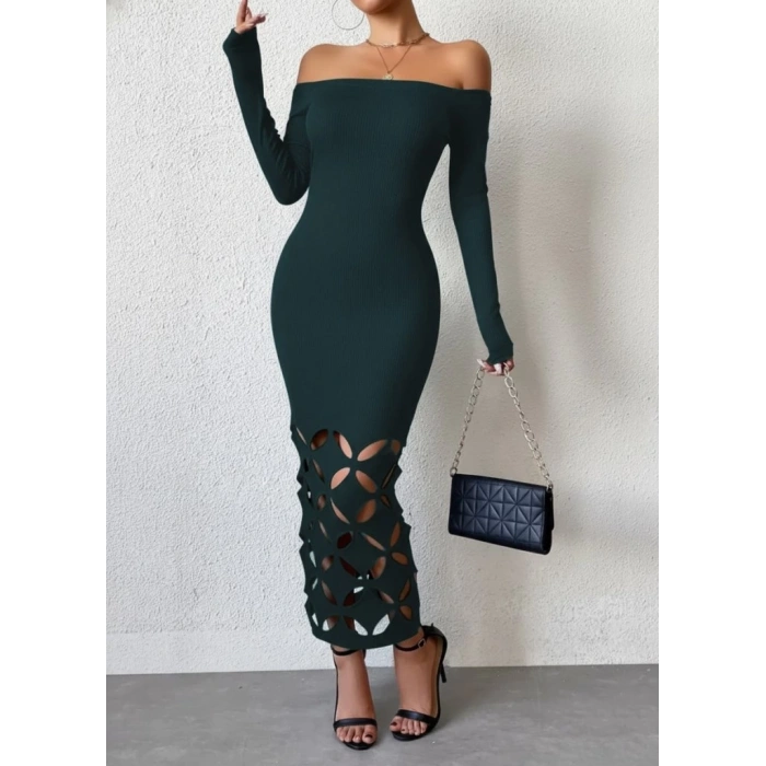 Kadın Madonna Yaka Uzun Kollu Lazer çiçek Kesim Detaylı Uzun Ithal Krep Elbise