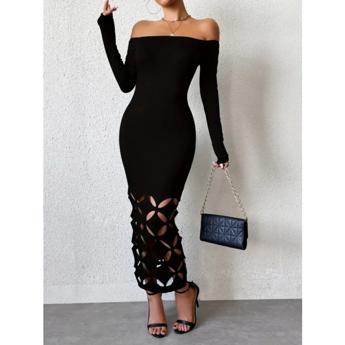 Kadın Madonna Yaka Uzun Kollu Lazer çiçek Kesim Detaylı Uzun Ithal Krep Elbise