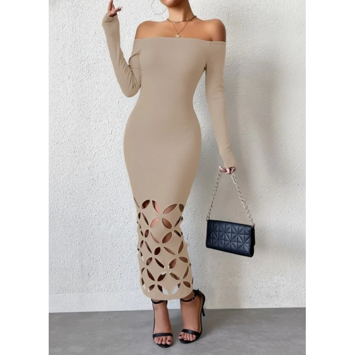 Kadın Madonna Yaka Uzun Kollu Lazer çiçek Kesim Detaylı Uzun Ithal Krep Elbise