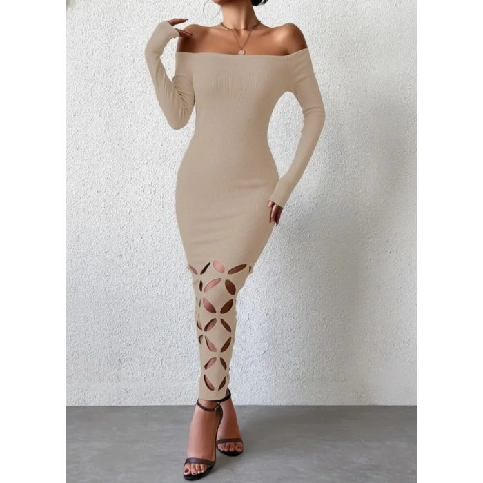 Kadın Madonna Yaka Uzun Kollu Lazer çiçek Kesim Detaylı Uzun Ithal Krep Elbise