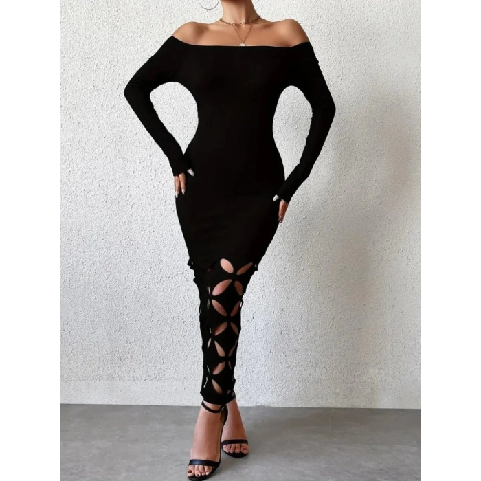 Kadın Madonna Yaka Uzun Kollu Lazer çiçek Kesim Detaylı Uzun Ithal Krep Elbise