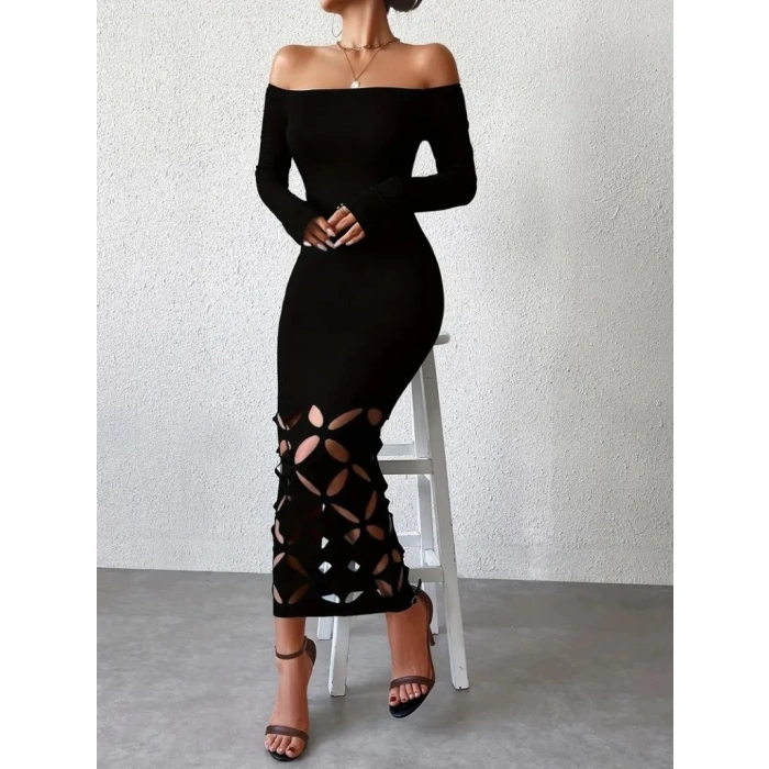 Kadın Madonna Yaka Uzun Kollu Lazer çiçek Kesim Detaylı Uzun Ithal Krep Elbise