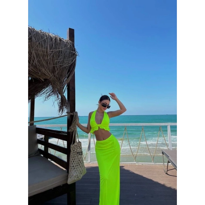 Kadın Mayo Kumaş Bağlamalı Crop Ve Maxi Boy Etek Ikili Takım