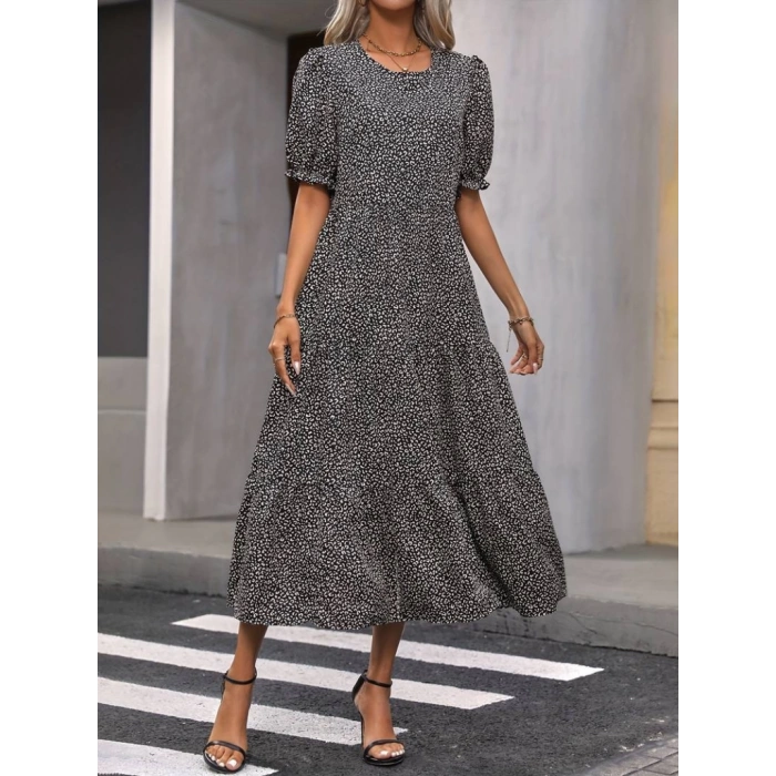 Kadın Mini Leopar Desen Midi üç Kat Elbise