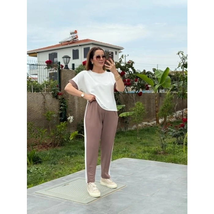 Kadın Modal Dokulu Kumaş Yanı şeritli Takım