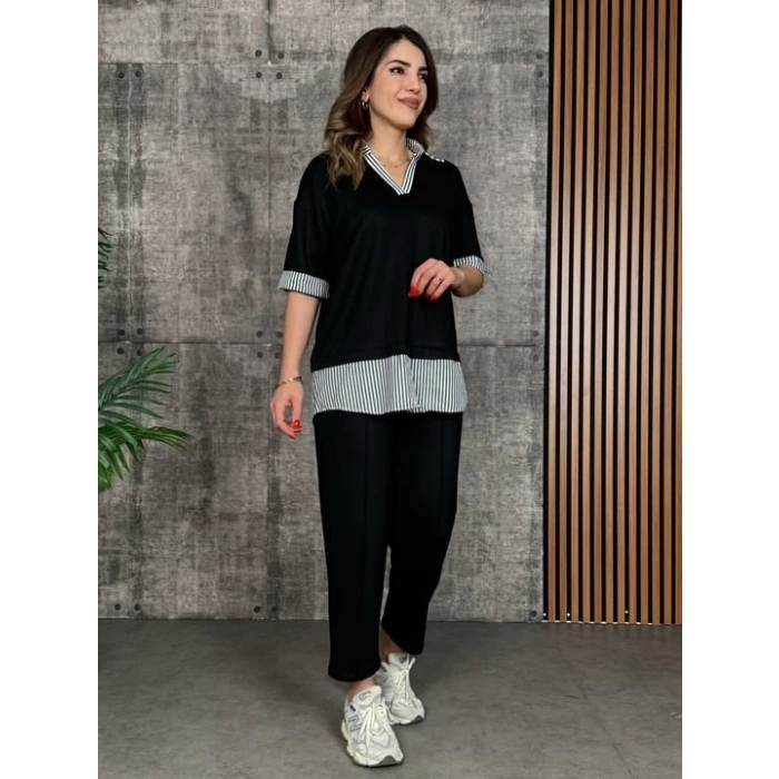 Kadın Modal Kumaş çizgili Gömlek Yaka Ikili Takım