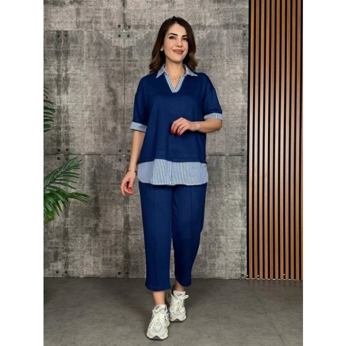 Kadın Modal Kumaş çizgili Gömlek Yaka Ikili Takım