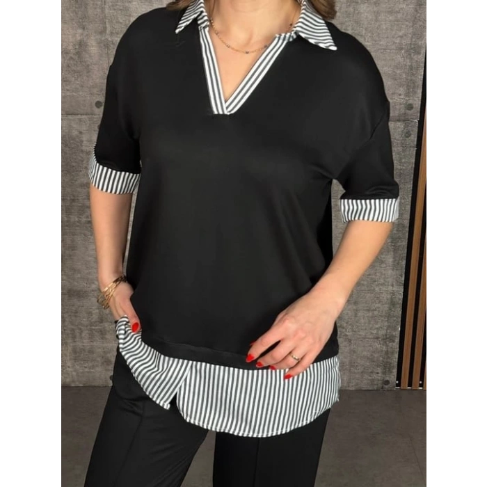 Kadın Modal Kumaş çizgili Gömlek Yaka Ikili Takım