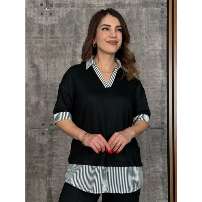 Kadın Modal Kumaş çizgili Gömlek Yaka Ikili Takım