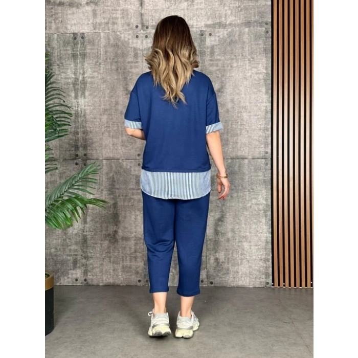 Kadın Modal Kumaş çizgili Gömlek Yaka Ikili Takım