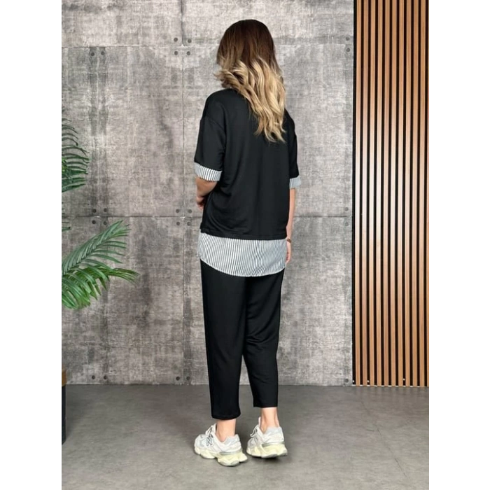 Kadın Modal Kumaş çizgili Gömlek Yaka Ikili Takım