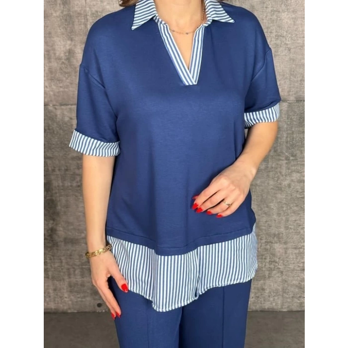 Kadın Modal Kumaş çizgili Gömlek Yaka Ikili Takım