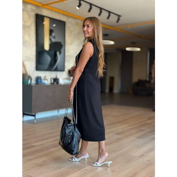 Kadın Modal Kumaş şerit Detaylı Fermuarlı Midi Elbise