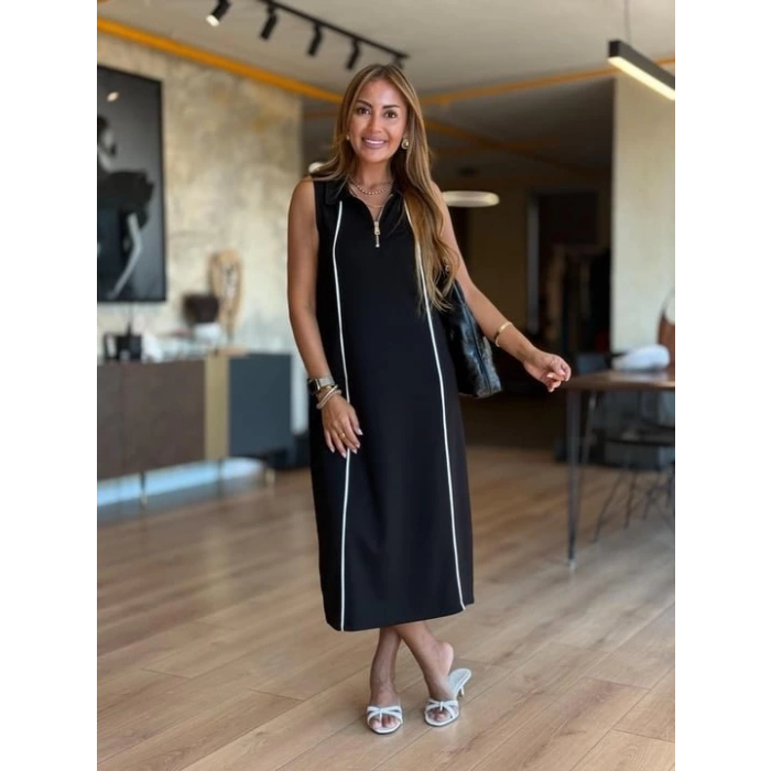 Kadın Modal Kumaş şerit Detaylı Fermuarlı Midi Elbise