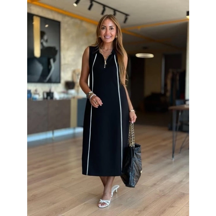 Kadın Modal Kumaş şerit Detaylı Fermuarlı Midi Elbise
