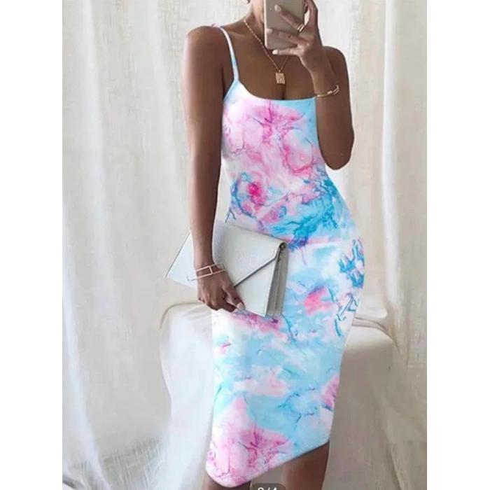 Kadın Omuz Askılı Dijital Baskılı Midi Boy Elbise