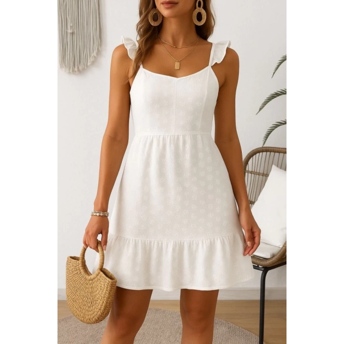 Kadın Omuz Askılı Eteği Volan Detay Brode Elbise