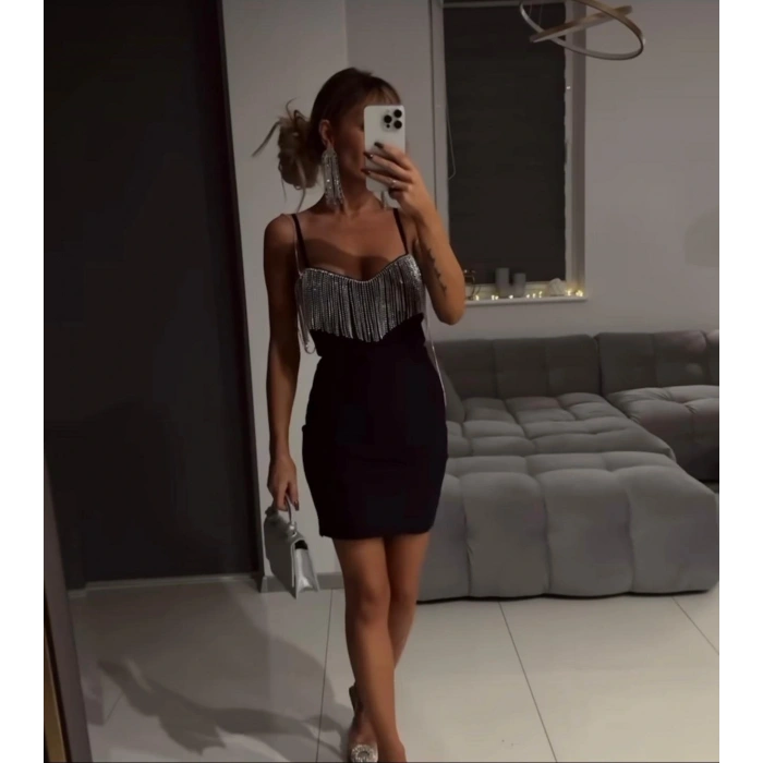 Kadın Omuz Askılı Taş Detay Mini Elbise