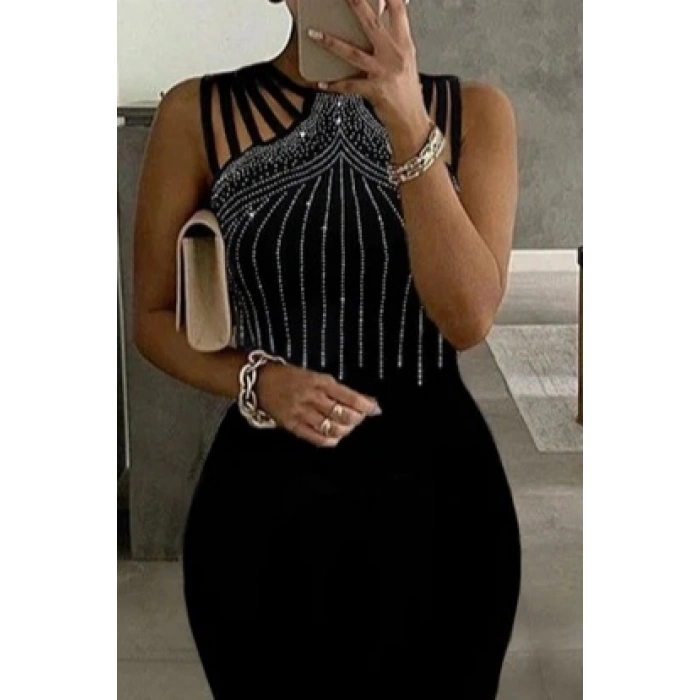 Kadın Omuz çoklu Askılı önü Taş Işlemeli Balık Kesim Janjan Krep Maxi Boy Elbise