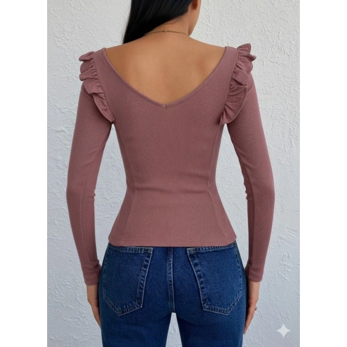 Kadın Omuz Fırfır Detay Uzun Kollu Bluz