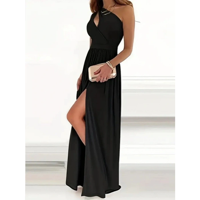 Kadın Omuzlardan Açık Asimetrik Yaka Detaylı Yırtmaçlı Maksi Boy Janjan Krep Elbise