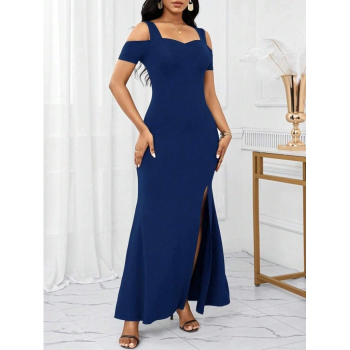 Kadın Omuzlardan Açık Askılı Yırtmaç Detaylı Uzun Ithal Krep Elbise