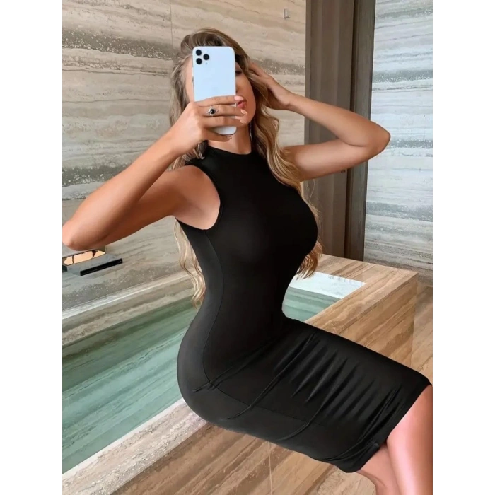 Kadın Omuzlardan Açık Bisiklet Yaka Janjan Krep Elbise