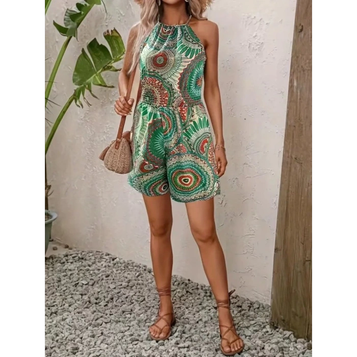 Kadın Omuzlardan Açık Boyun Arkasından Bağlamalı Beli Lastikli Desenli Süprem Kısa Tulum