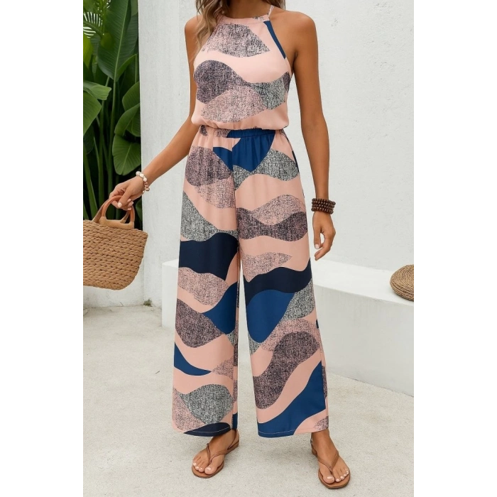 Kadın Omuzlardan Açık Boyundan Geçmeli Beli Lastikli Desenli Dalgıç Tulum