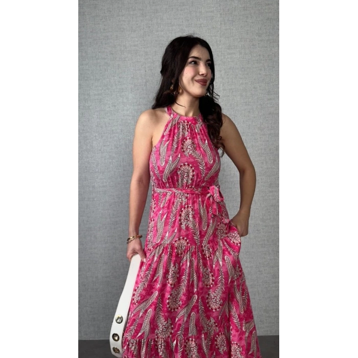 Kadın Omuzlardan Açık Boyundan Geçmeli Desenli Süprem Bluz