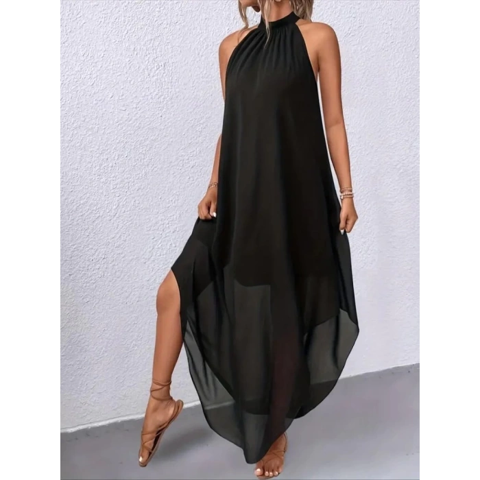 Kadın Omuzlardan Açık Daire Yakalı Astarlı şifon Elbise