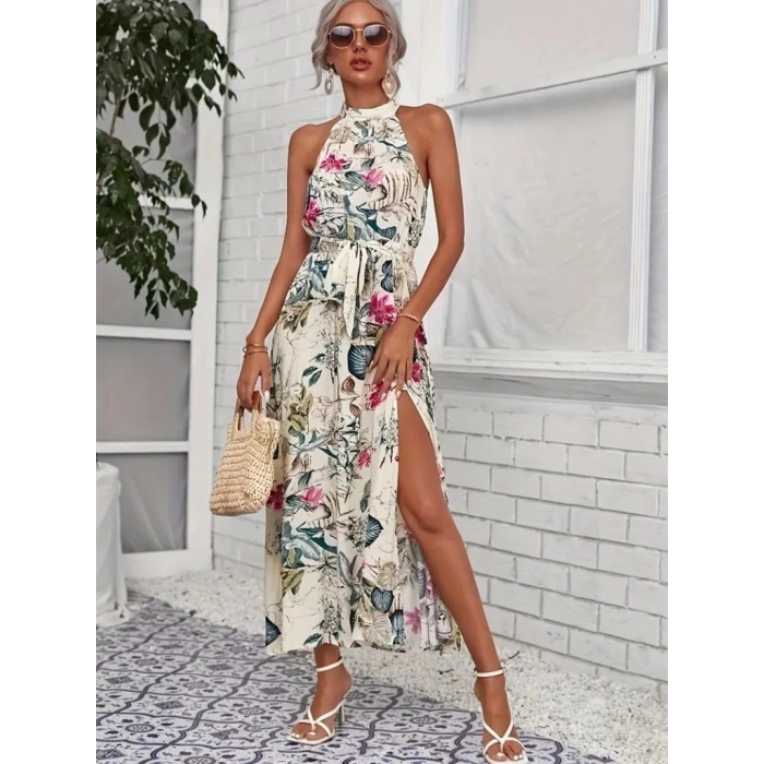 Kadın Omuzlardan Açık Halter Yakalı Yırtmaçlı çiçek Desenli Süprem Elbise