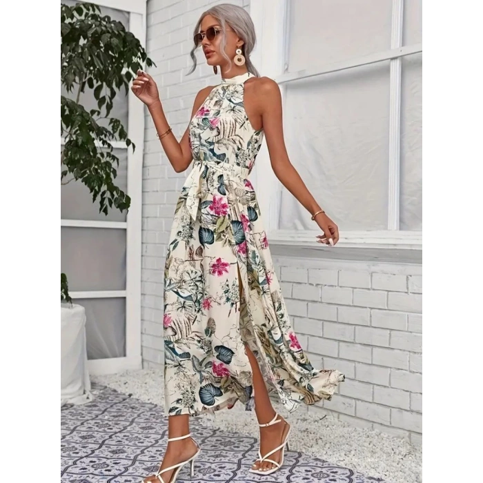 Kadın Omuzlardan Açık Halter Yakalı Yırtmaçlı çiçek Desenli Süprem Elbise