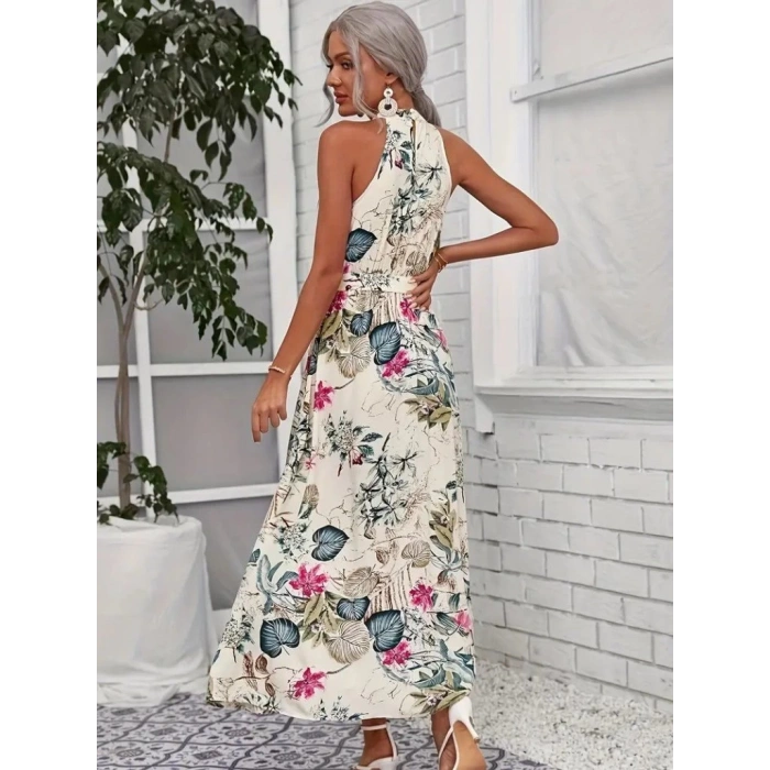 Kadın Omuzlardan Açık Halter Yakalı Yırtmaçlı çiçek Desenli Süprem Elbise