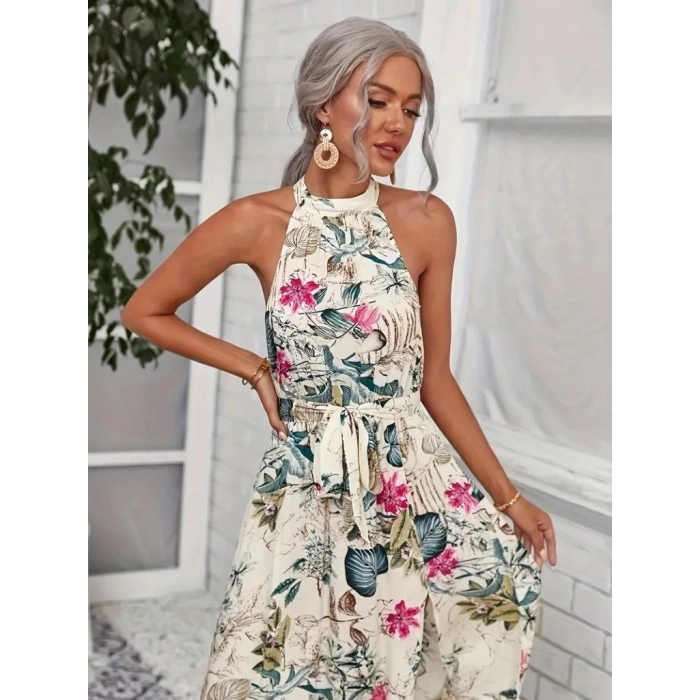 Kadın Omuzlardan Açık Halter Yakalı Yırtmaçlı çiçek Desenli Süprem Elbise