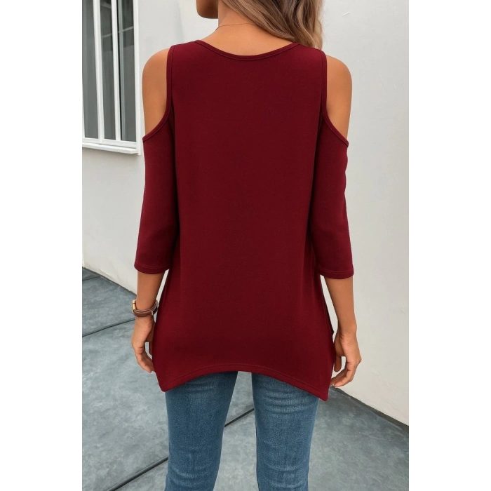 Kadın Omuzlardan Açık Sıfır Yaka Asimetrik Kesim Detay Viskon Bluz