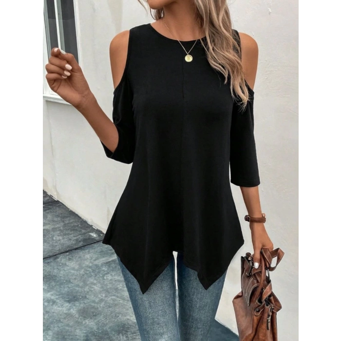 Kadın Omuzlardan Açık Sıfır Yaka Asimetrik Kesim Detay Viskon Bluz