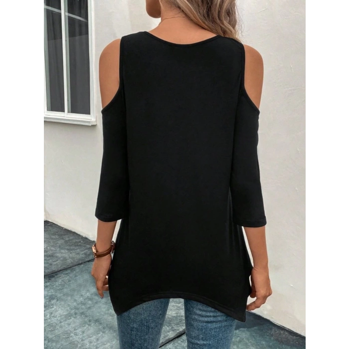 Kadın Omuzlardan Açık Sıfır Yaka Asimetrik Kesim Detay Viskon Bluz