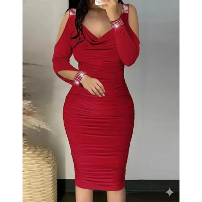 Kadın Omuzlardan Açık Uzun Kollu Taşlı Degaje Yakalı Sandy Midi Elbise