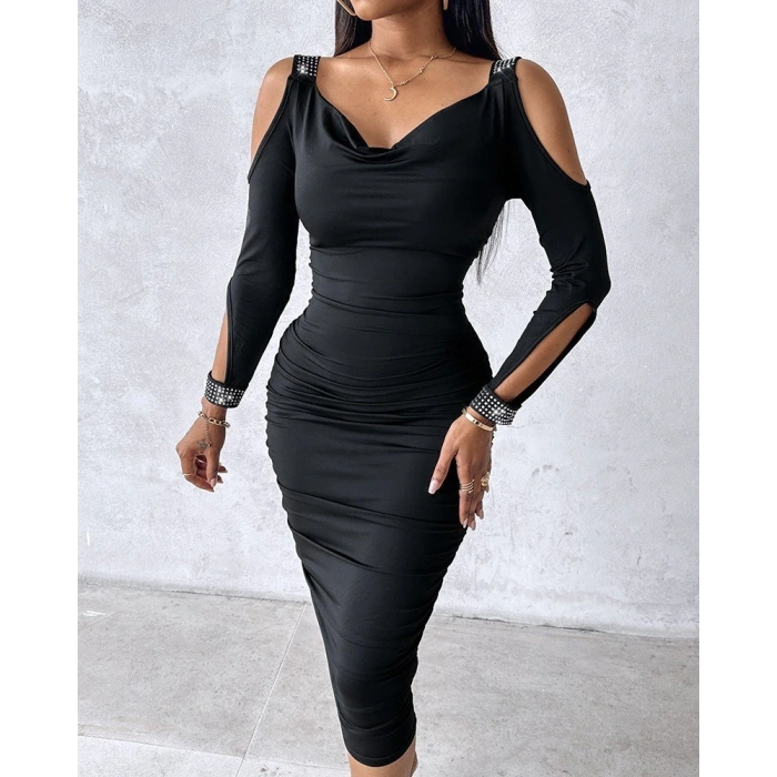 Kadın Omuzlardan Açık Uzun Kollu Taşlı Degaje Yakalı Sandy Midi Elbise