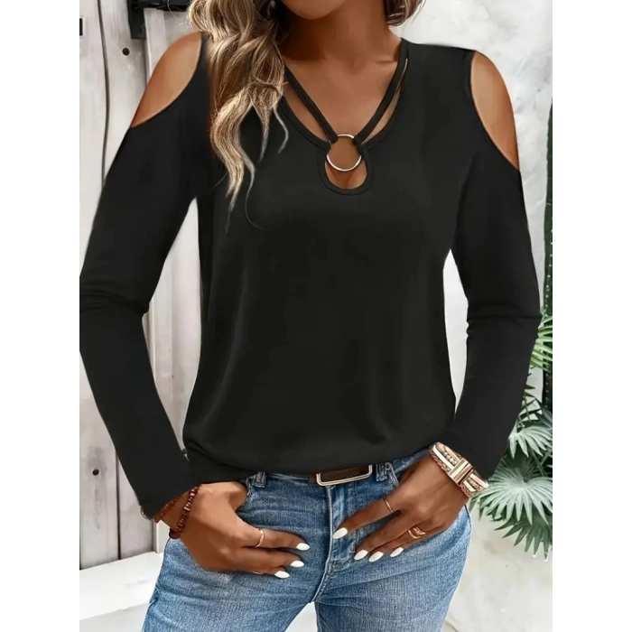 Kadın Omuzlardan Açık Uzun Kollu Yakadan Halka şerit Detaylı Viskon Bluz