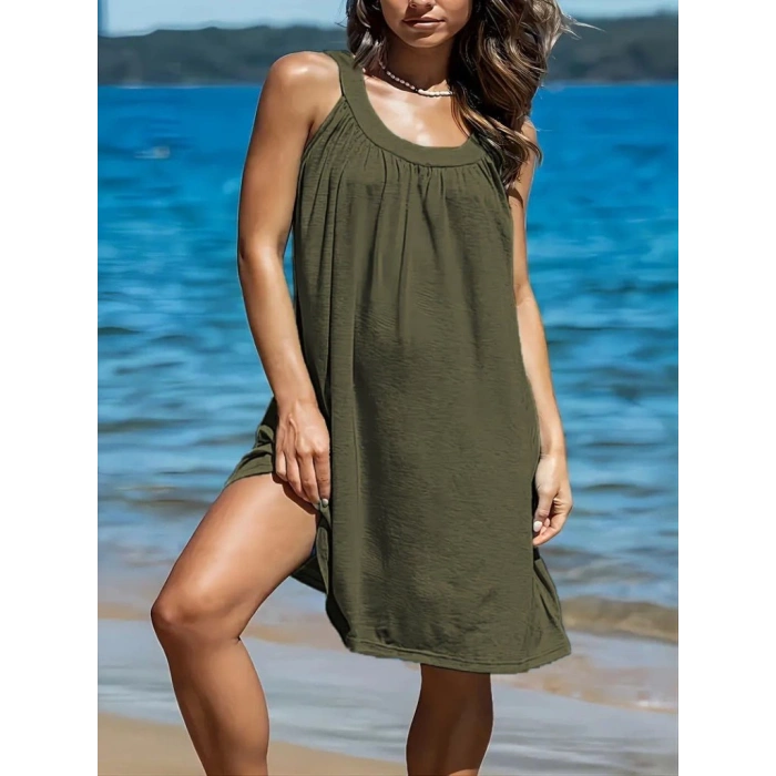 Kadın Omuzlardan Açık Yuvarlak Yaka Pileli Viskon Elbise