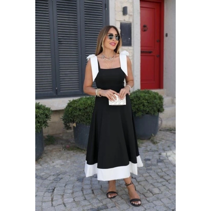 Kadın Omuzlardan Kurdela Askılı çift Renkli Kiloş Ithal Krep Elbise