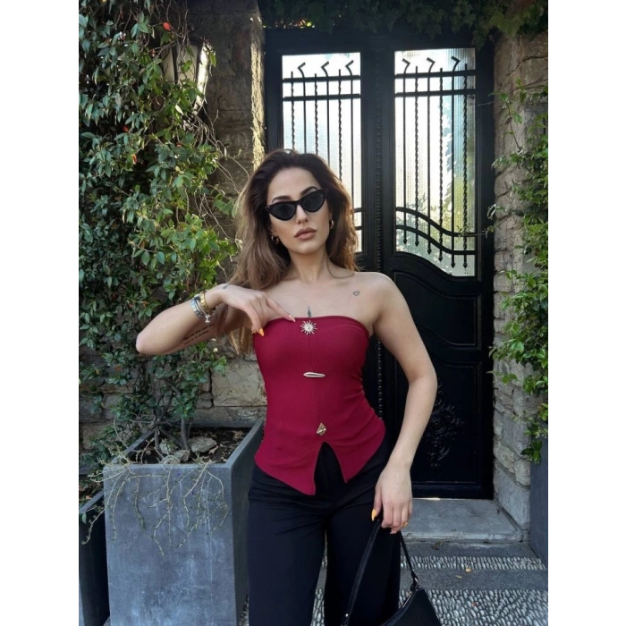 Kadın Ottoman Kumaş Düğme Detaylı Büstiyer Crop