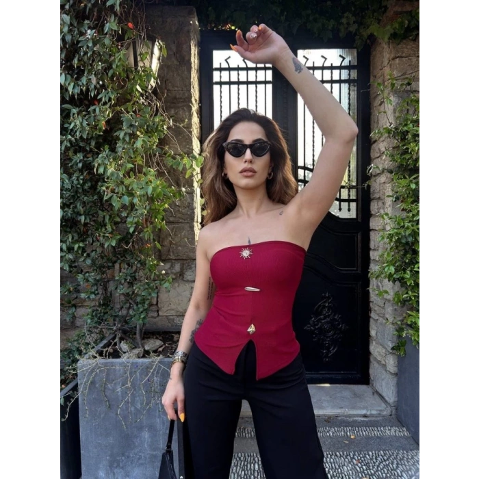 Kadın Ottoman Kumaş Düğme Detaylı Büstiyer Crop