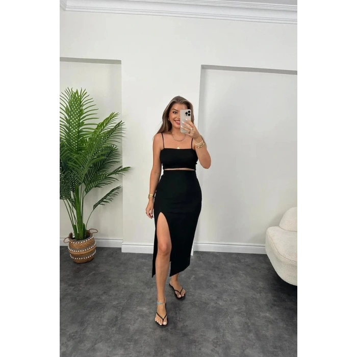 Kadın Ottoman Kumaş Likralı Midi Boy Kalem Etek Siyah